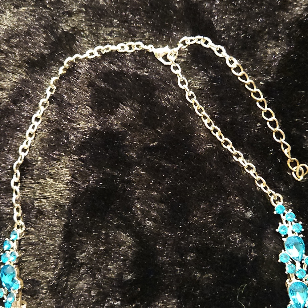 Blue Crystal Statement Necklace and Earring Set 17" + 2" Ext. - Picture 4 of 6